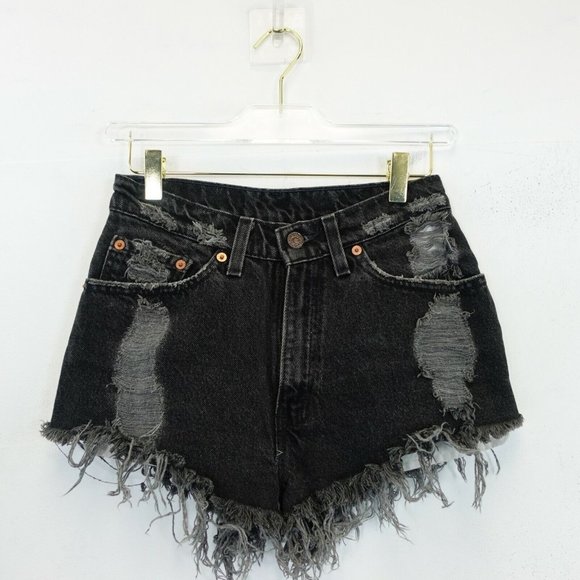 VINTAGE LEVIS Denim Short Shorts Junior 7 Black Distressed Raw Tapered FURST 90s - Picture 1 of 11